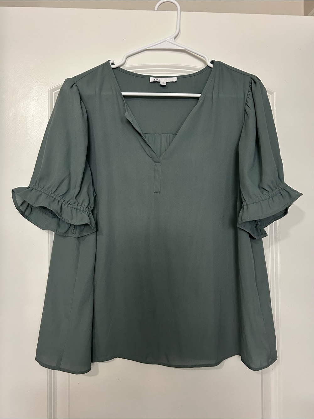 DR2 Sage Green V-Neck Ruffle Sleeve Blouse